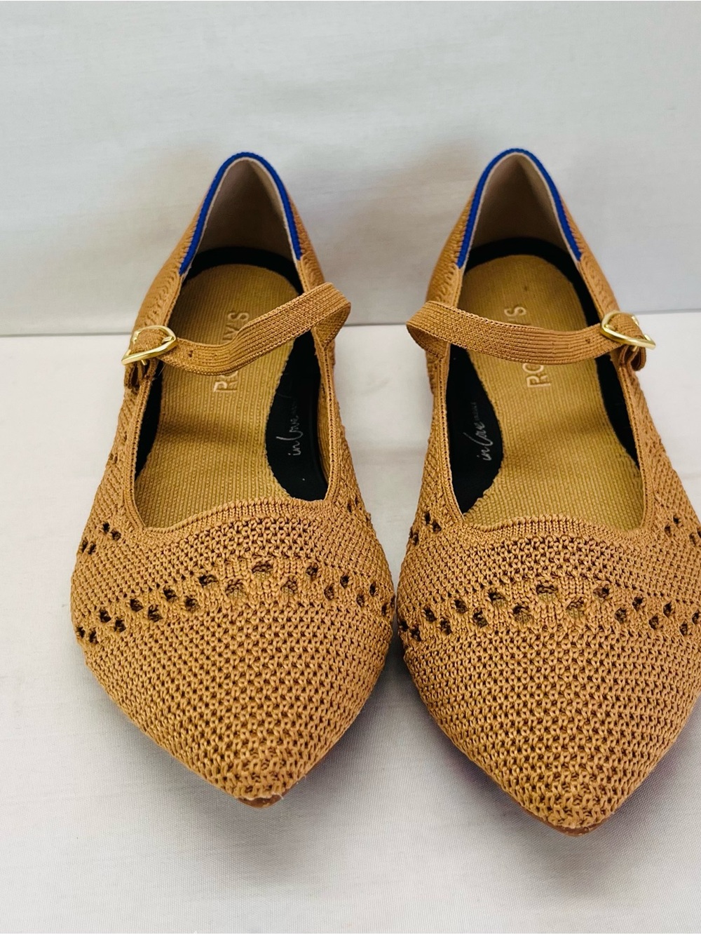 Rothy's Tan Knit Pointed-Toe Mary Jane Flats with Gold Buckle